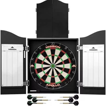 Komplett Darts csomag Mission Darts tábla, gömbölyű dróttal, sisalból, fekete kabinet, 2 szett nyíl