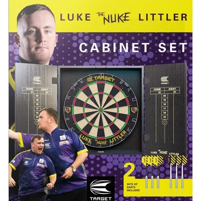 Komplett dart csomag Target Luke 'The Nuke' Littler darts tábla és kabinet 2 szett nyíllal 